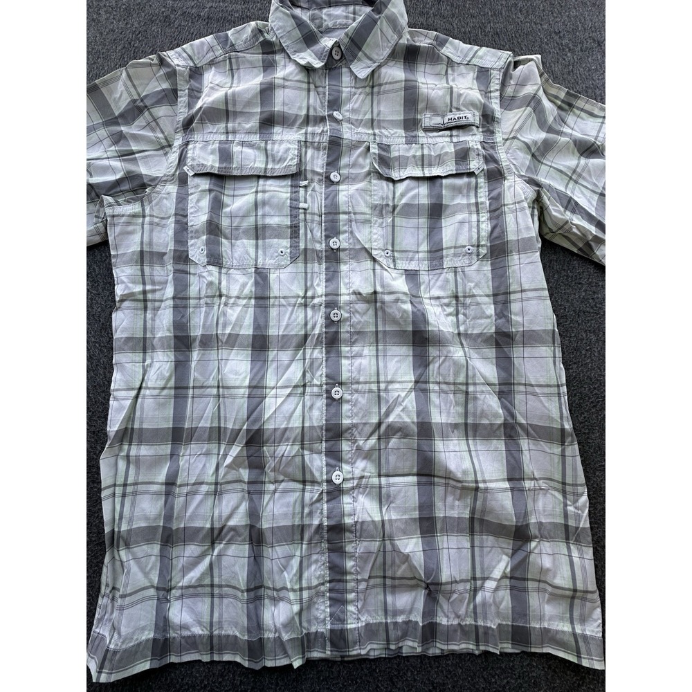 Habit Fishing Shirt Mens Medium Gray White Green Plaid Button Up Vented Outdoor